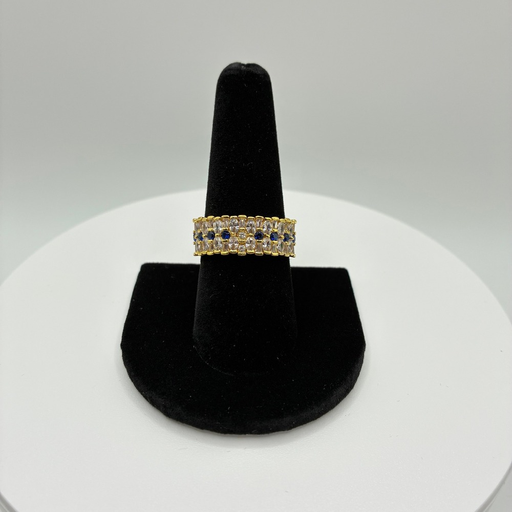 Bomb Party Ring Women Size 9 Gold Blue Clear Stone Multi Row Band Statement
